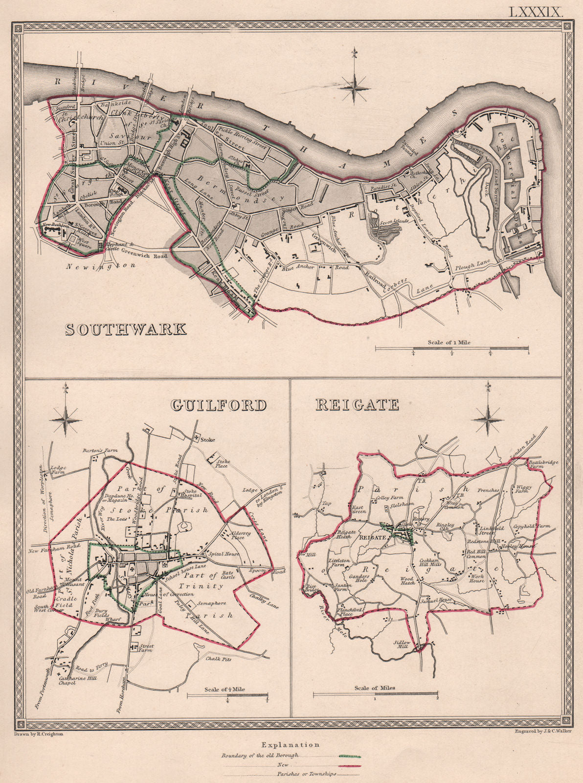 SURREY TOWNS. Southwark Guildford Reigate plans. CREIGHTON/WALKER 1835 old map